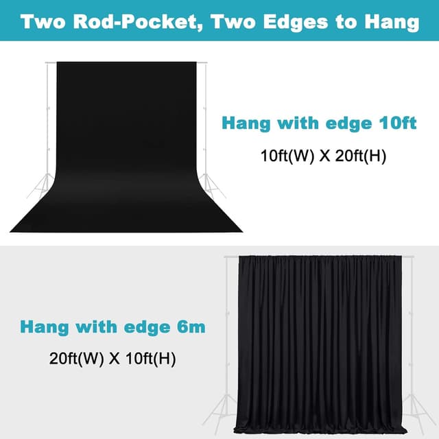 Detalle de LCUIRC 10x20ft Black Photo Backdrop Curtain (Two Rod Pocket) with 4 Spring Clamps for Photography & Events