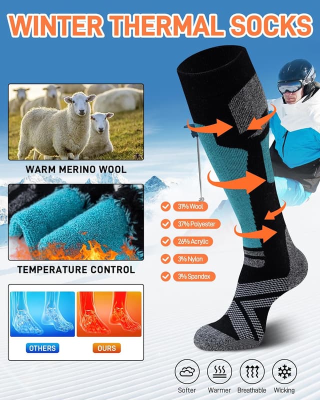 Detalle 1 de Niorasen Merino Wool Ski Socks for Men & Unisex (2 Pairs) – Thermal Knee-High Cushion for Winter Skiing & Outdoors