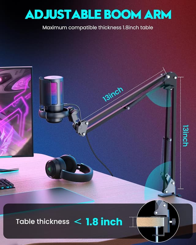 Thumbnail 4 de RGB Gaming Microphone with Boom Arm USB Mic for PC