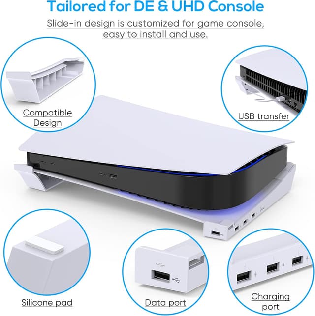 Detalle de FYOUNG Horizontale Halterung für PS5 Disc & Digital (rutschfeste Pads, 4 USB-Ports)
