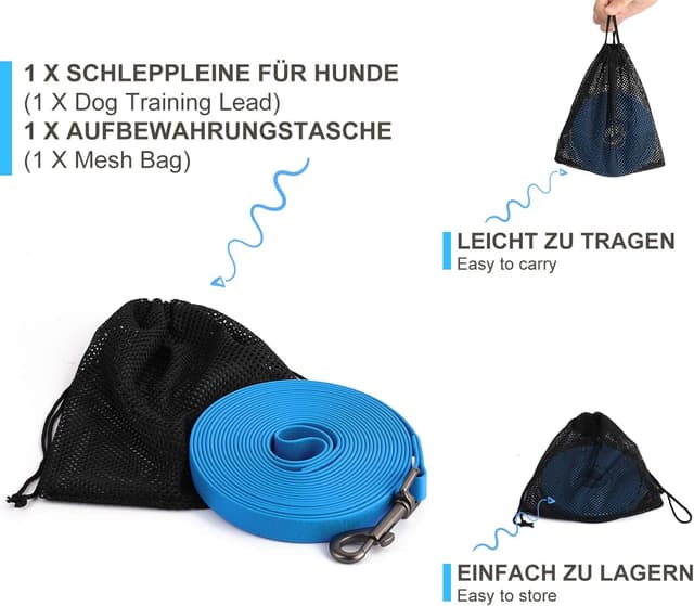 Thumbnail 6 de Toozey Wasserdicht Schleppleine für Hunde (5–20 m) – robuste Trainingsleine mit Handschlaufe, Karabiner und wetterfester Ausführung in Blau