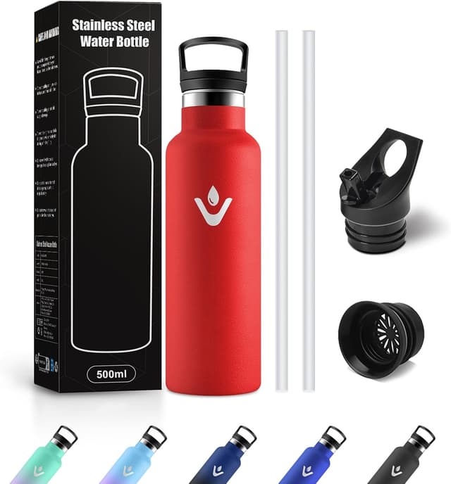 Detalle de Borraccia Acciaio Inox 500 ml con cannnuccia e 2 coperchi riutilizzabile, senza BPA