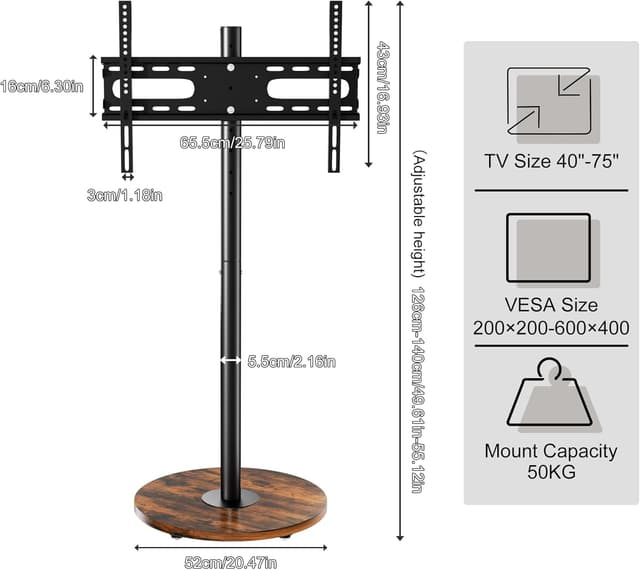 Detalle 2 de unho Floor TV Stand with Wheels & Adjustable Height – VESA 600x400 for 40–75 inch TVs, black