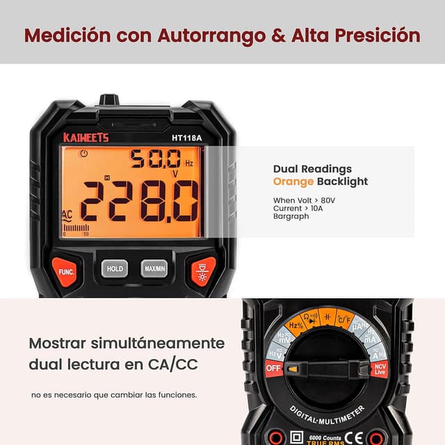 Detalle de KAIWEETS HT118A multímetro TRMS 6000 cuentas