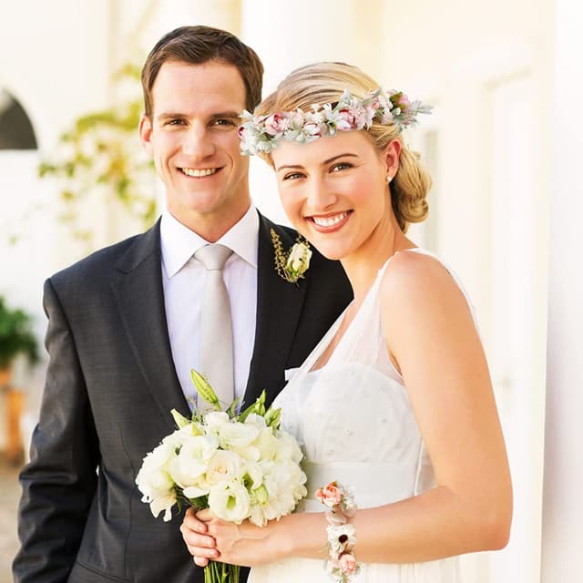 Detalle 2 de Wedding Floral Girlande (Krone) Damen Blumen-Haarreif-Set mit Armband, verstellbar – rosa/beige