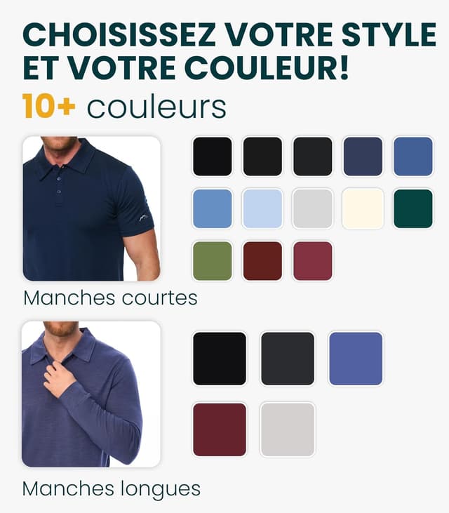 Detalle de Merino.tech Merinos Polo Homme en laine mérinos (100%) — polo léger manches courtes ou longues