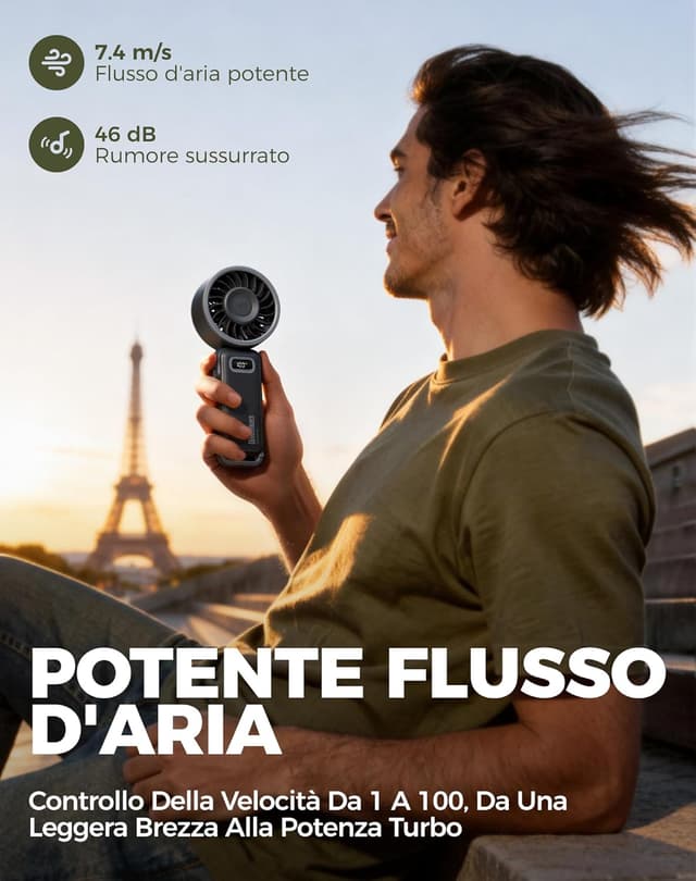Detalle de Diveblues Ventilatore portatile pieghevole con batteria, 100 velocità regolabili e autonomia fino a 12h