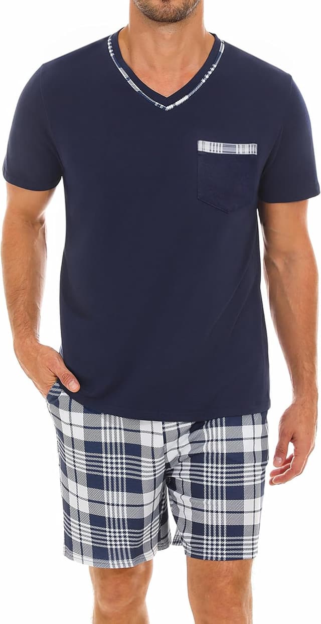 Detalle de Demegimi Herren Schlafanzug Kurz-Pyjama-Set aus Baumwolle (kariert) – Sommer-Shorty