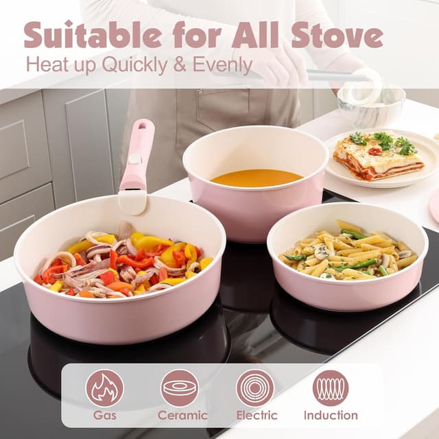 Detalle 1 de SENSARTE Keramik Topfsets Pfannenset 17-teilig – Antihaft-Kochgeschirr mit abnehmbarem Griff (Rosa)