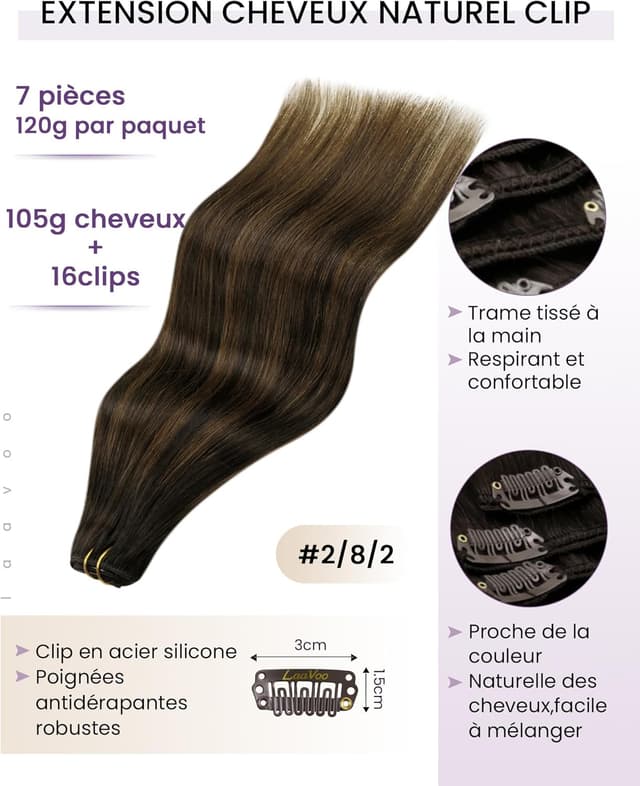 Detalle 2 de Extension à clip LaaVoo cheveux naturels double trame – Balayage marron foncé à brun clair (longueur 40 cm, 7 pièces, 120 g)