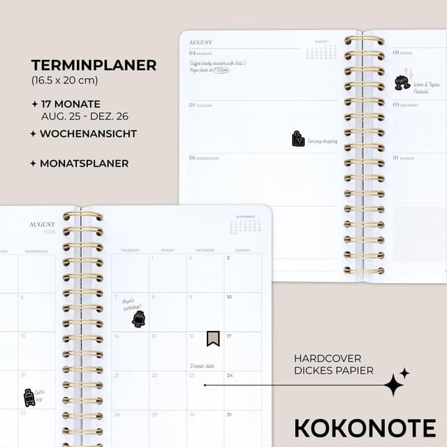 Detalle de Kokonote Terminplaner 2026 Ringbuch – Art Nouveau Wochenplaner, Englisch, gelb