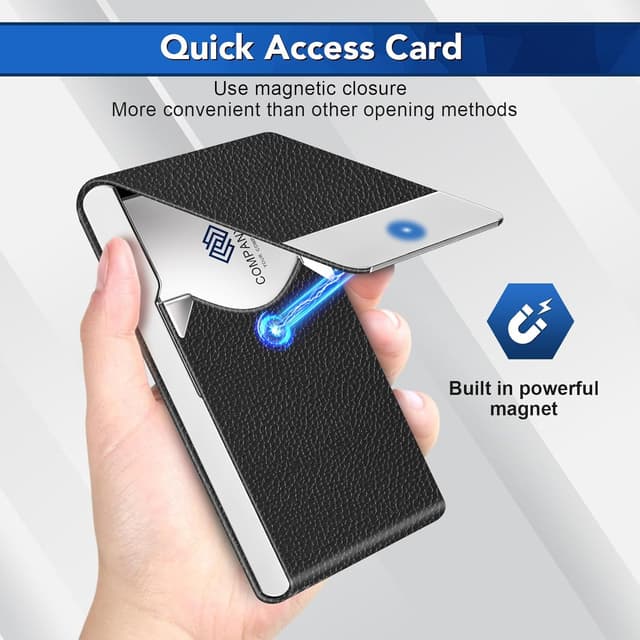 Detalle 2 de DMFLY Business Card Holder (Metal & PU Leather) with RFID Blocking and Magnetic Clasp, Black