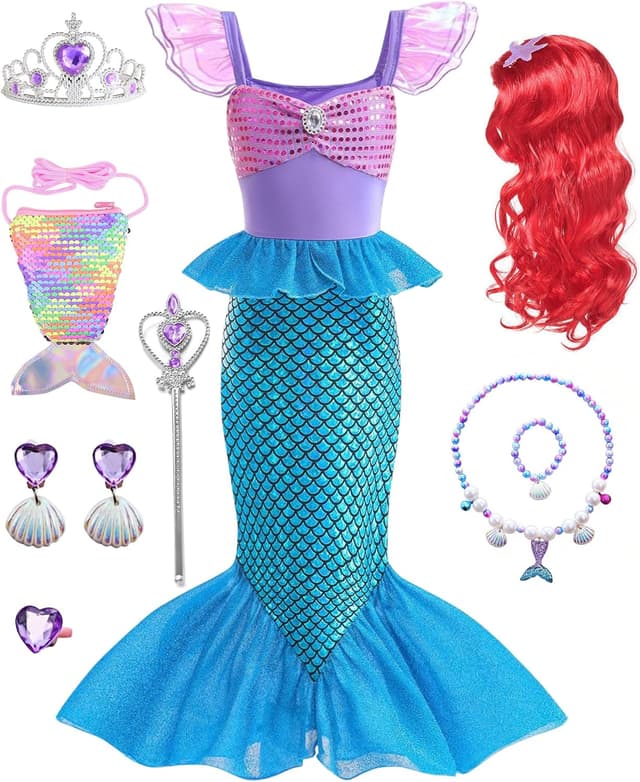Detalle de Costume da principessa sirena Ariel Dtiaagto per bambine e ragazze (età 3-10 anni) con parrucca e accessori glitter