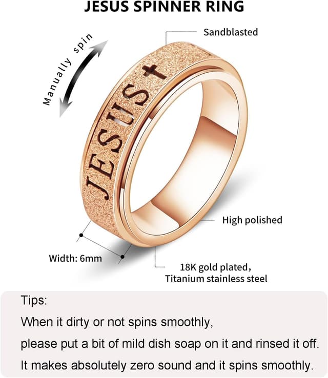 Detalle de OreilleStar Fidget Spinner Anxiety Ring for Women (Jesus Cross) — Stainless Steel Thumb Ring, Sizes 5–10