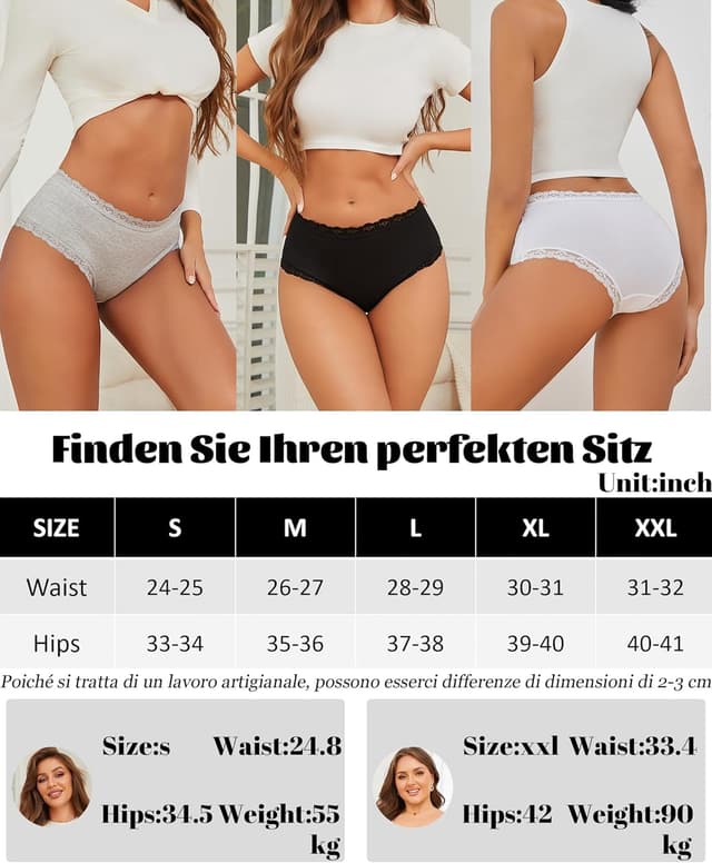 Detalle de ALL OF SHE confezione da 6 mutande donna in cotone (slip brasiliana in pizzo), vita media, traspiranti S-XXL