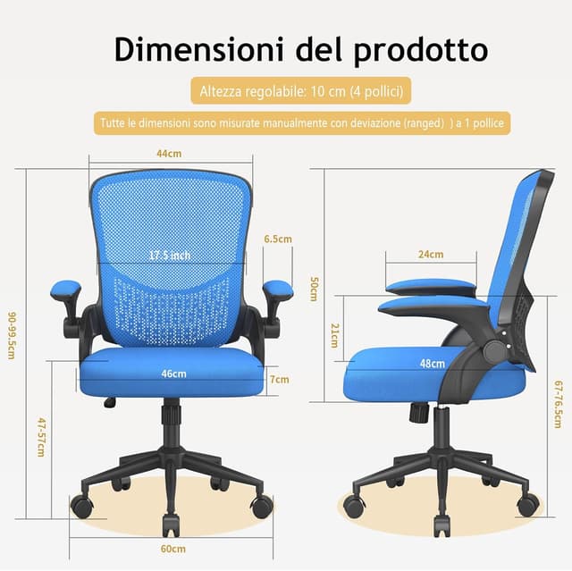 Detalle 2 de Naspaluro Sedia Ufficio ergonomica con braccioli ribaltabili, rete traspirante e swing