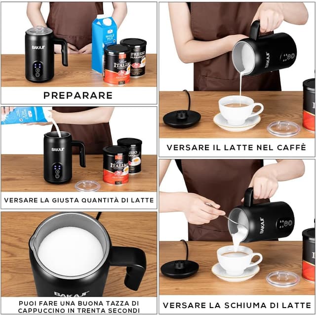 Detalle de BAKAJI montalatte elettrico 4 in 1 da 350 ml: cappuccinatore automatico per cappuccino caldo o freddo