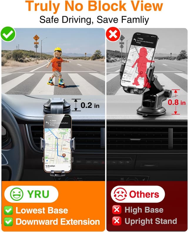 Detalle de YRU 2025 Ultimate Car Phone Holder Dashboard Mount (360° Rotatable) – Matte Black, heavy-duty suction