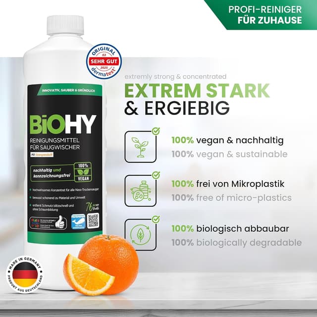 Detalle de BiOHY Reinigungsmittel für Saugwischer mit Orangenduft – 1-Liter-Flasche, 1:200 Konzentrat, schaumarm