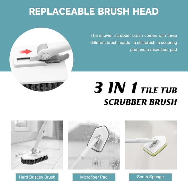Detalle 2 de nacena Shower Scrubber with Long Handle, 3-in-1 Tile & Tub Scrubber Brush (Adjustable, Detachable Heads)
