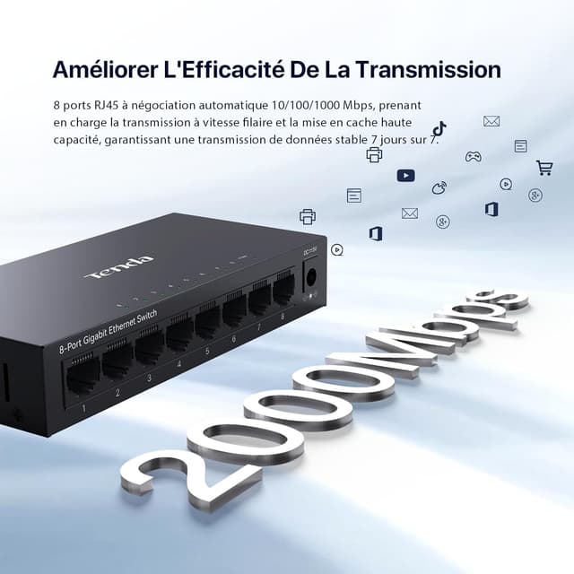 Detalle de Tenda TEG1008M — Switch Ethernet Gigabit 8 ports RJ45 (Plug-and-Play) avec QoS et IGMP Snooping