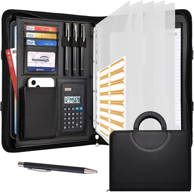 Detalle de Leathario A4 Portfolio Folder with Handle (Vegan Leather) and 4-Ring Document Holder