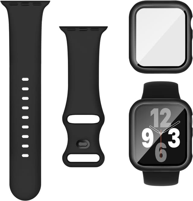 Detalle de Joehwerr 3-in-1 silicone sports strap + protective case with 9H tempered glass for Apple Watch (Series 11/10, 42mm) – Black