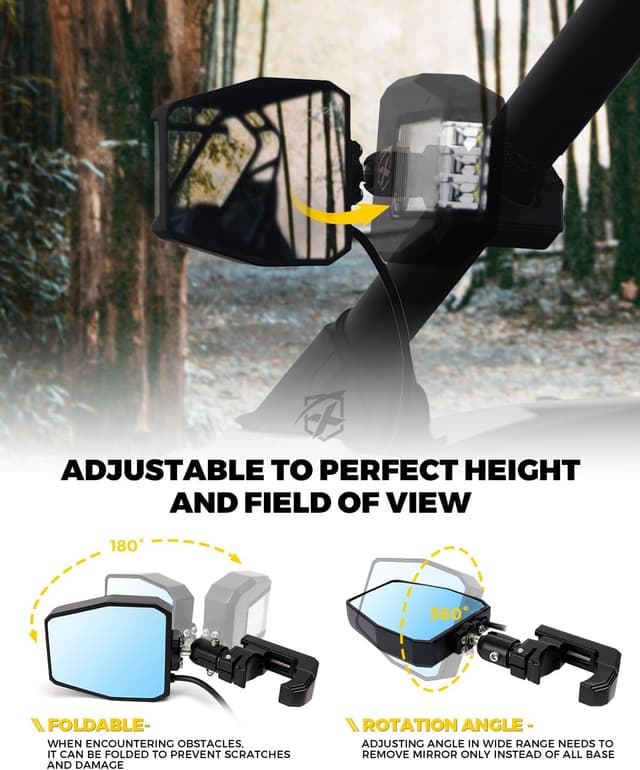 Detalle de Xprite UTV Classic Aluminum Side View Mirrors with LED Spot Lights (Clear Lens, for 1.75–2" Roll Cages)