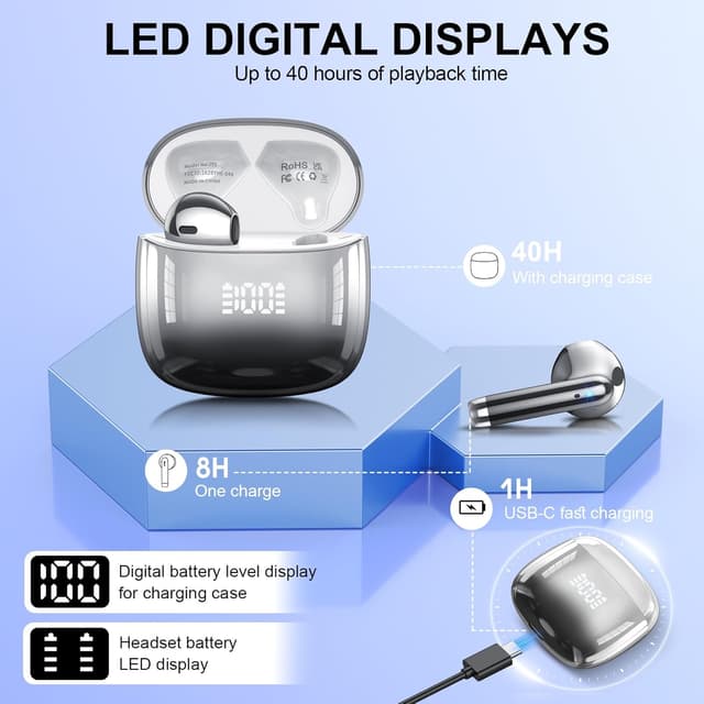 Detalle de Bluetooth 5.3 In-Ear-Kopfhörer mit ENC & 48 Std Spielzeit – kabellose Ohrhörer (Schwarz)