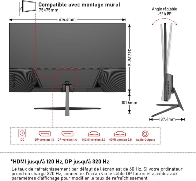 Detalle 2 de Gawfolk Écran PC IPS 27 pouces 2K WQHD 320 Hz — Moniteur gaming VESA 75x75 noir