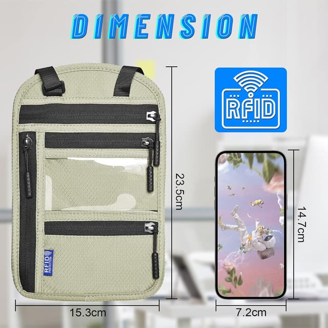 Detalle 2 de CORYIN Travel Neck Wallet Passport Holder with RFID Blocking and Waterproof Pouch – Light Grey