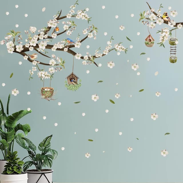 Thumbnail 6 de HPNIUB Flower Tree Branch Birds Wall Stickers (White floral wall art) 84 x 30cm