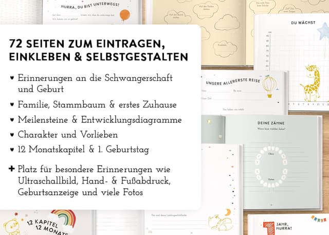 Detalle de Herzthaler „Mein erstes Jahr“ Babyalbum Lino Gold (Leinenbuch) mit Goldprägung – 72 Seiten