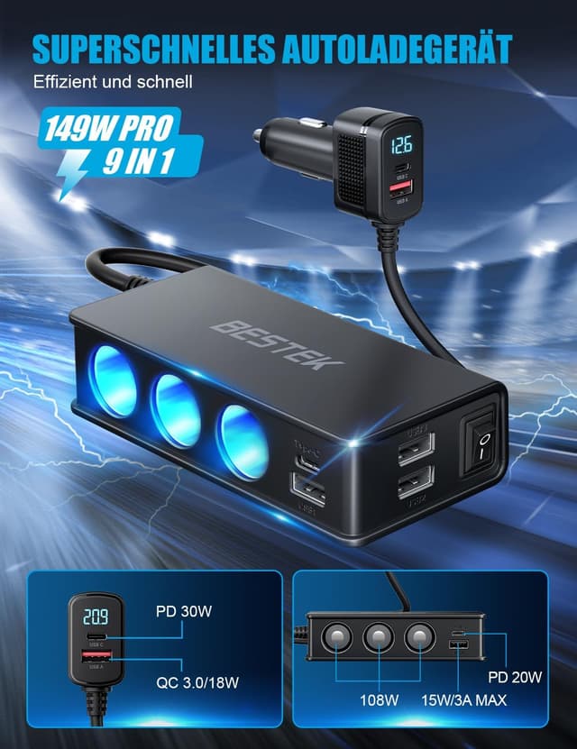 Thumbnail 2 de BESTEK Caricatore Auto 180W 9in1 USB-C PD QC3.0