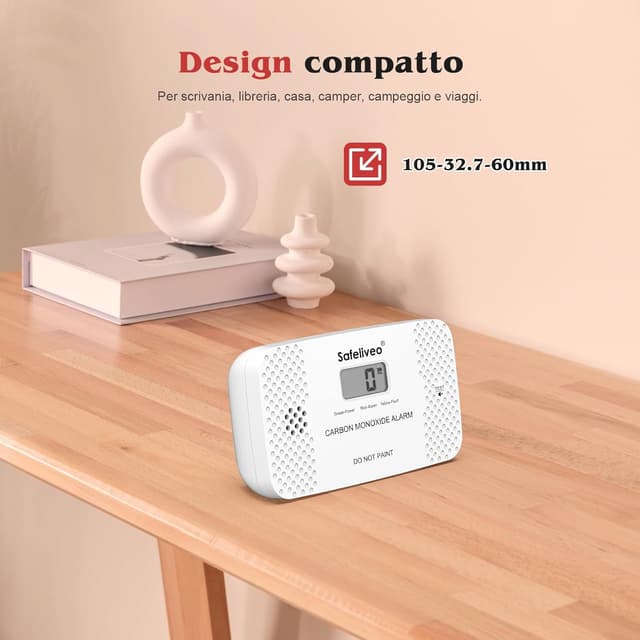 Detalle de Safeliveo Rilevatore di monossido di carbonio con schermo LCD e sensore CO, batteria sostituibile (EN 50291-2 pezzo)