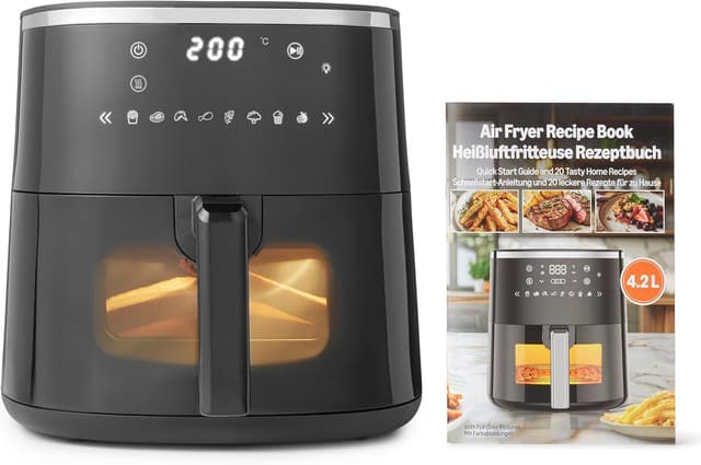 Detalle de Amazon Basics 4.2L Air Fryer with Easy View Window (1500W) – 8 Preset Menus, Black