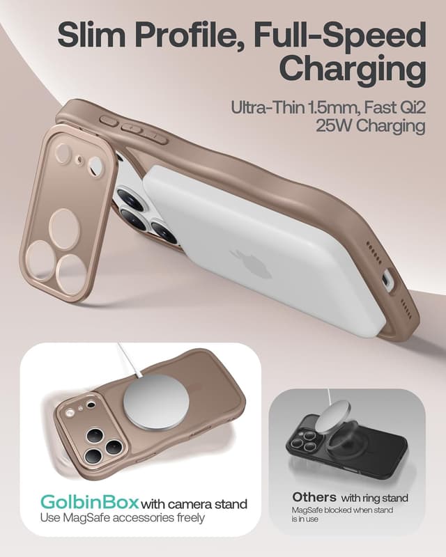 Detalle de GolbinBox iPhone 17 Pro Max Case (6.9") with Stash Stand, MagSafe Compatible, Full Camera Protection, Brown