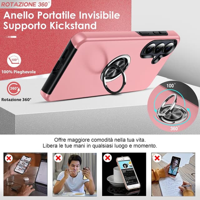 Detalle 2 de LeYi Cover per Samsung Galaxy S26 Plus con 2 vetri temperati e anello girevole 360° (TPU+PC) rosa
