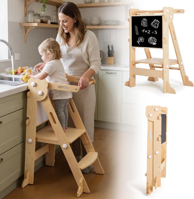 Detalle de labebe klappbarer Lernturm aus Holz mit zweiseitiger Tafel (Montessori Learning Tower, 3-in-1, ab 1 Jahr)