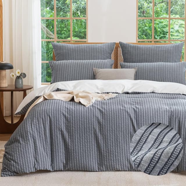 Detalle de SOULFUL Bettwäsche-Set 155x220 aus Baumwolle, gestreift (Jacquard), Graublau