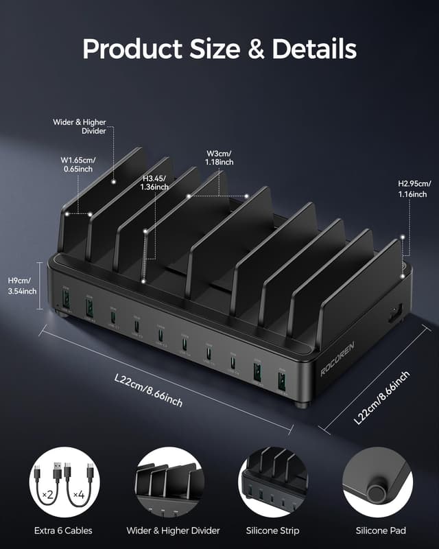Detalle de Rocoren 400W 10-Port USB Charging Station (GaN PD 100W, 6× USB-C + 4× USB-A) for MacBook, iPad and more