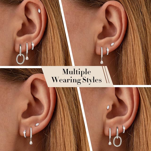 Detalle de Roheafer 4 Paar Gold-Ohrringe Set für Damen (14K vergoldet) – kleine Ohrstecker, Creolen & Helix-Piercings