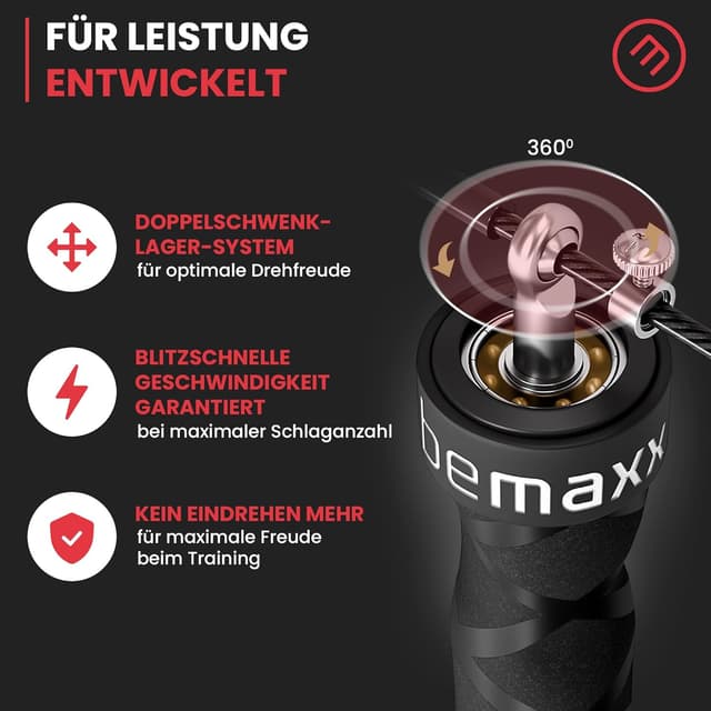 Detalle de Springseil Speed Rope mit Trainings-E-Book & Ersatzkabel – 2 verstellbare Stahlseile, Profi-Kugellager