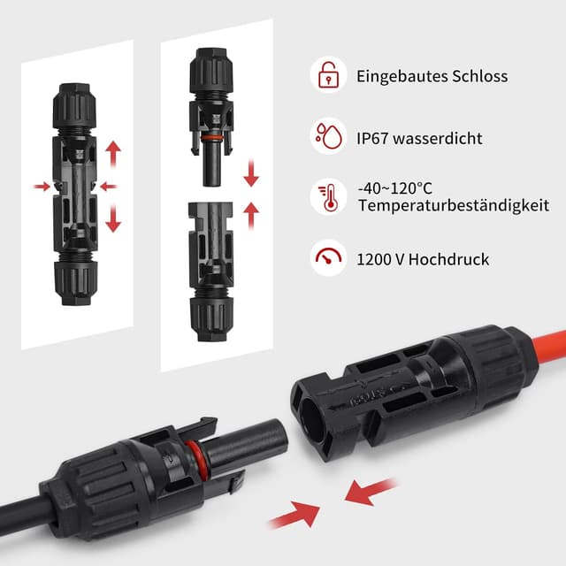 Detalle de Solarkabel 6mm² 10 m (2 Rollen) mit Solarsteckern – Solar-Verlängerungskabel für Balkonkraftwerk