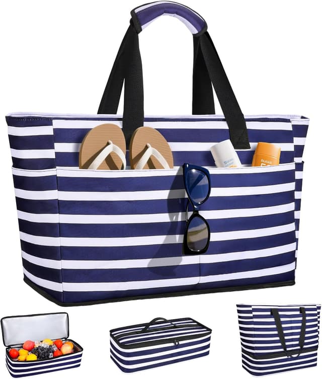 Detalle de ISEYOU Strandtasche XXL Familie mit Kühltasche (49 L) – faltbare Badetasche wasserdicht & sanddicht mit Reißverschluss