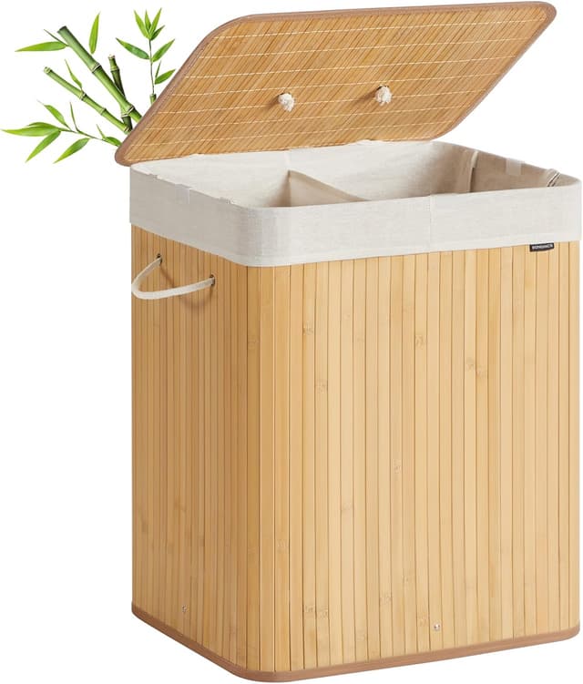 Detalle de SONGMICS LCB014Y01 Cesta portabiancheria in bambù con coperchio, 2 scomparti e sacco lavabile da 120 L