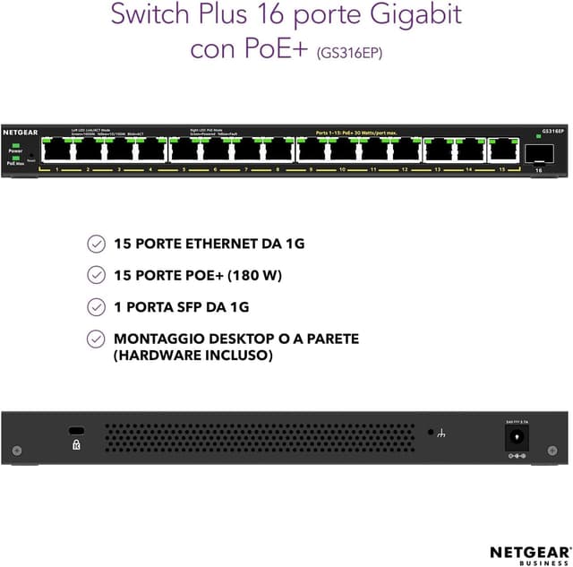 Detalle 2 de NETGEAR GS316EP switch Ethernet gestito 16 porte Gigabit PoE Plus (15x PoE+ 180W con 1x SFP)
