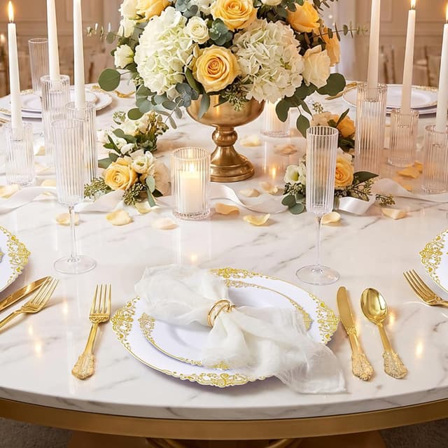 Detalle de Joyido 102PCS White and Gold Heavy-Duty Plastic Plates (51 7.5" Dessert + 51 10.25" Dinner)