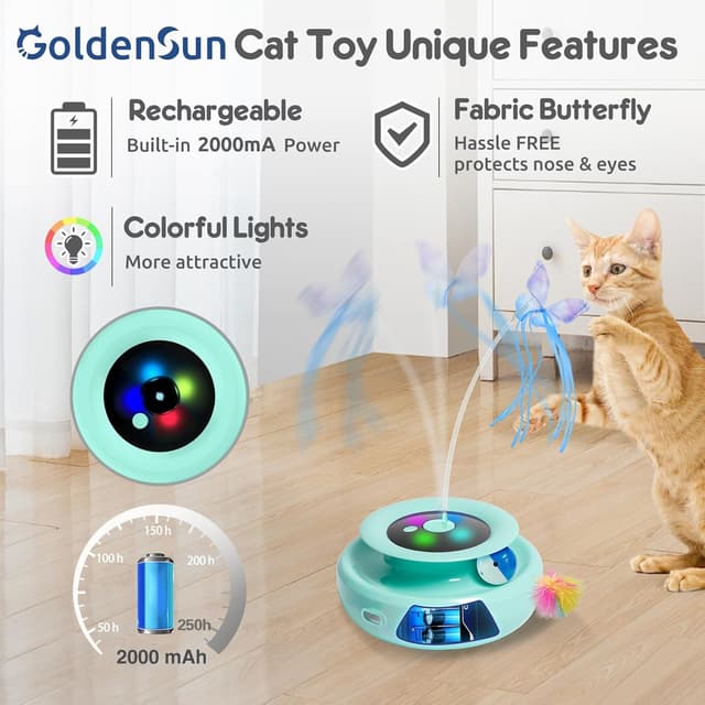 Detalle de GoldenSun 3-in-1 Interactive Cat Toys (Rechargeable) with 6 Attachments for Indoor Adult Cats