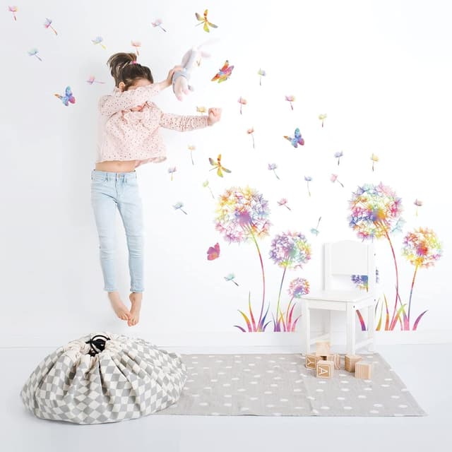 Detalle 2 de KAIRNE Größe Wandtattoo Pusteblume mit Blumen & Schmetterling – bunte Wandsticker für Kinderzimmer & Schlafzimmer